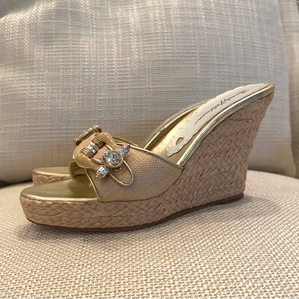 Beverly Feldman Vintage Wedge Slide Sandals witb Woven with Rhinestone Buckle 7M